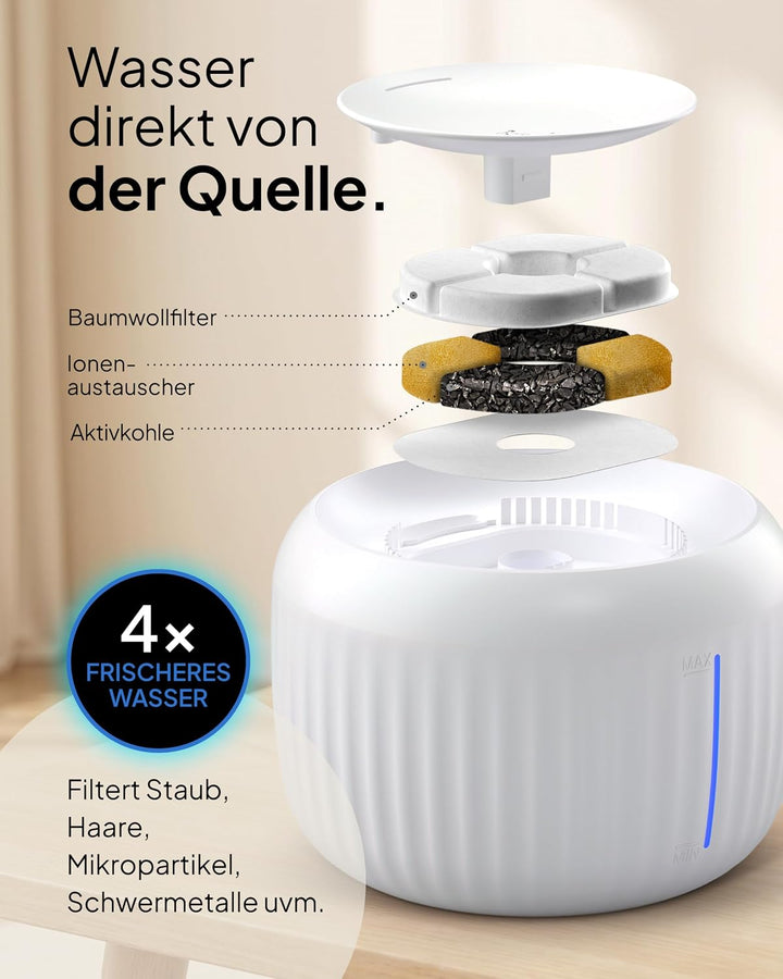 Pretty Paw Katzenbrunnen mit Leiser Pumpe, LED und Aktivkohlefilter, 2,5L Weis, Weis