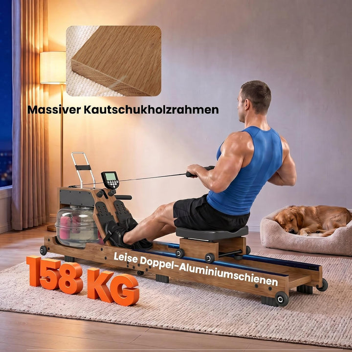 SPORTNOW Wasser Rudergerät für Zuhause aus Gummiholz Klappbar Rudermaschine mit Bluetooth APP Doppel