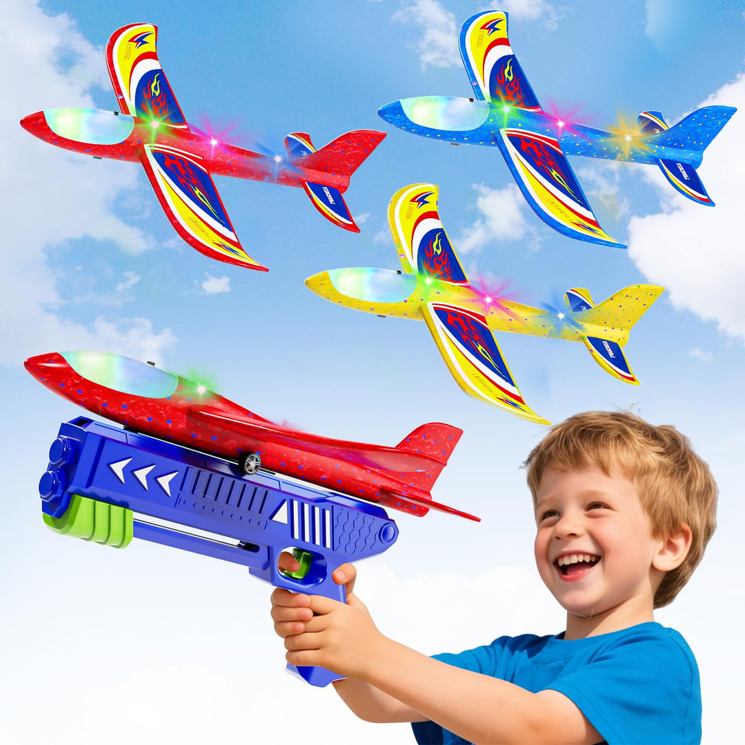 Doloowee Jungen Flugzeug Spielzeug, 3 styroporflieger mit 1 Katapult, 2 Flug Modi & LED Beleuchtung,