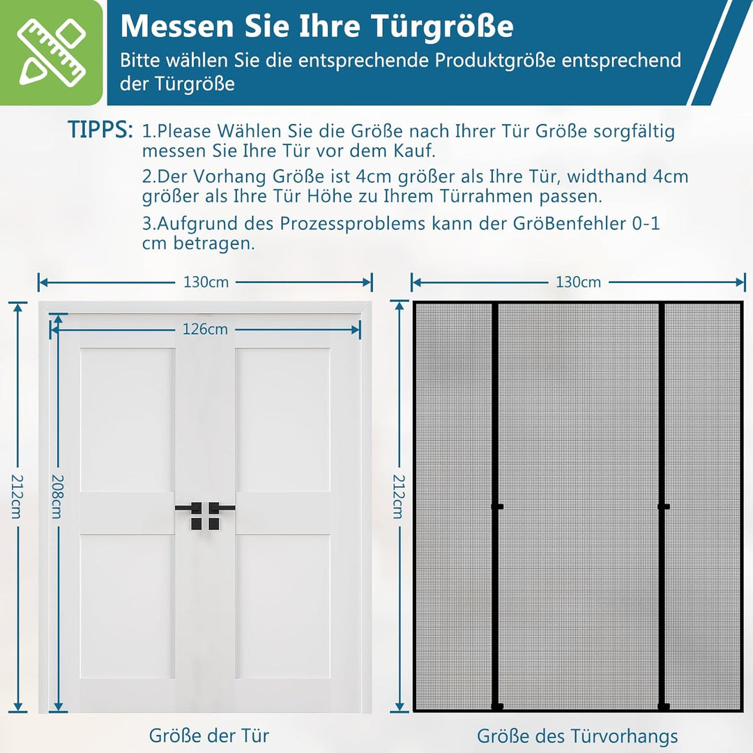 HooTown Magnet Fliegengitter Tür,130 x 212cm Fliegengitter Doppeltür | Automatisches,Ohne Bohren,4cm