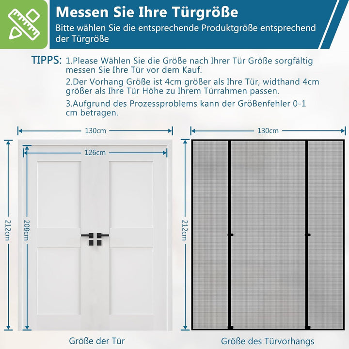 HooTown Magnet Fliegengitter Tür,130 x 212cm Fliegengitter Doppeltür | Automatisches,Ohne Bohren,4cm