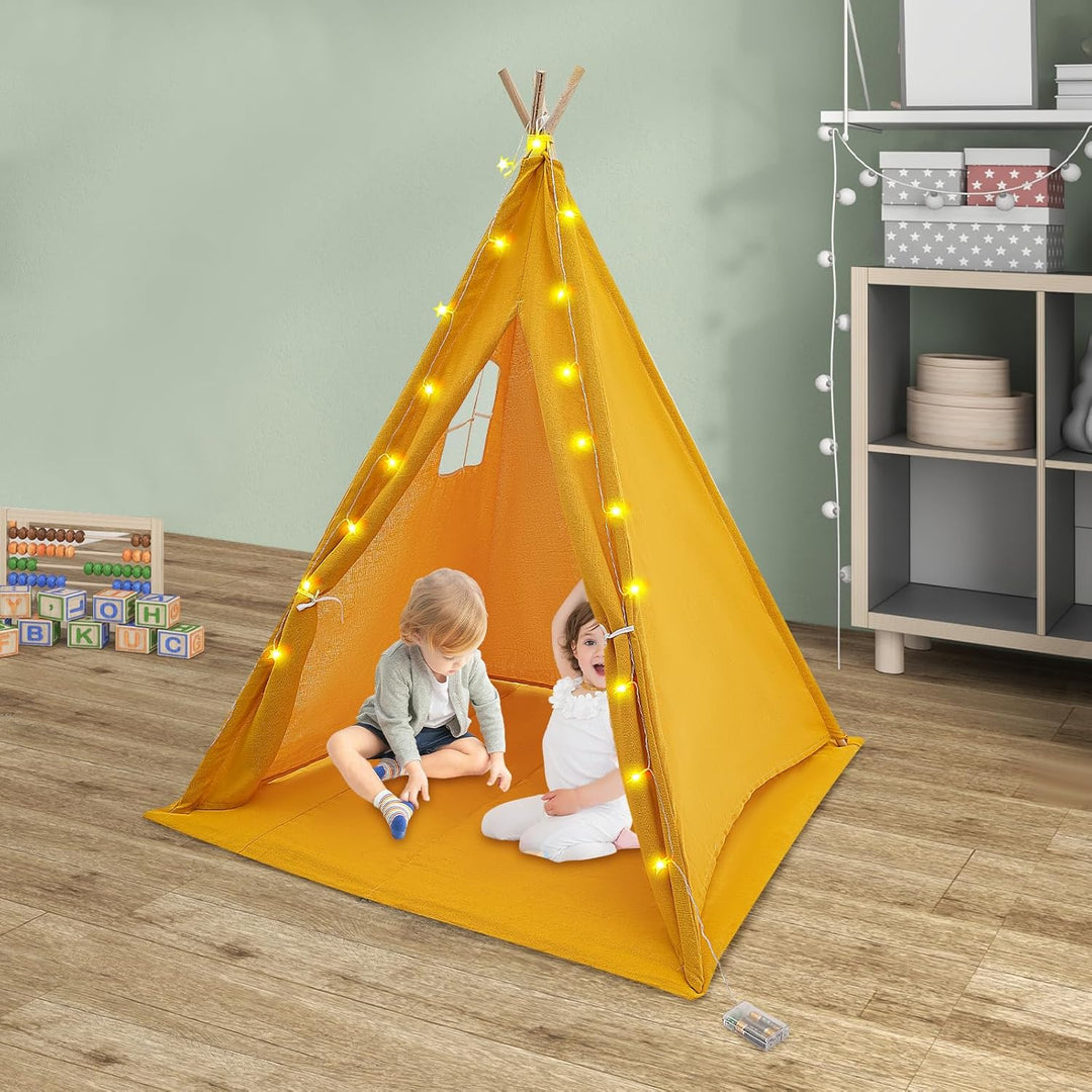 Tipi Zelt für Kinder, Spielzelt Kinder mit weicher Matte & Lichterkette, 1,4m hohes Kinderzelt aus B