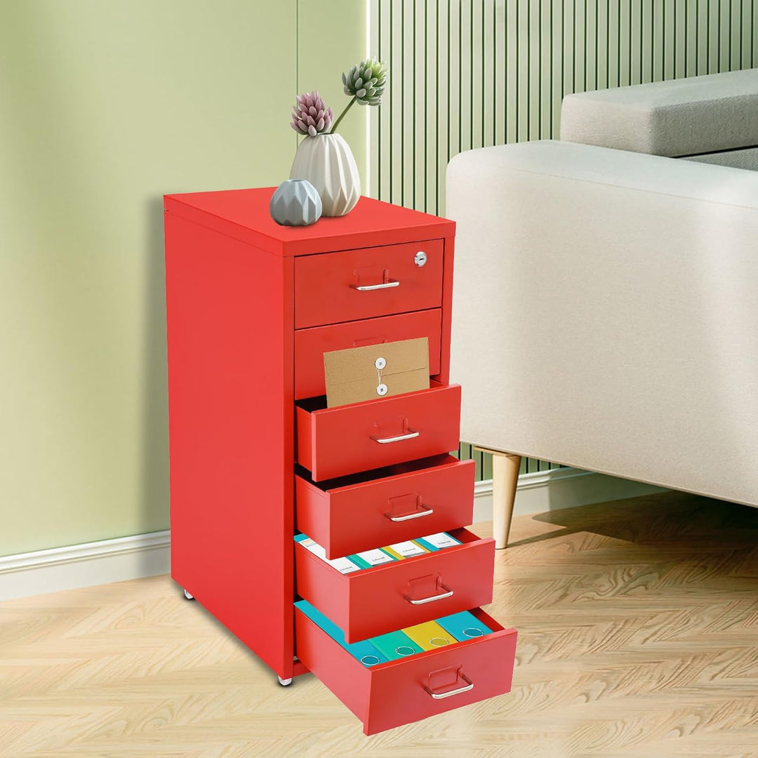 Aktenschrank 6 Schubladen Rollcontainer Abschliessbarer Schrank Rot, Rot