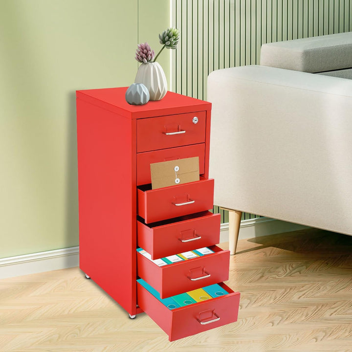Aktenschrank 6 Schubladen Rollcontainer Abschliessbarer Schrank Rot, Rot
