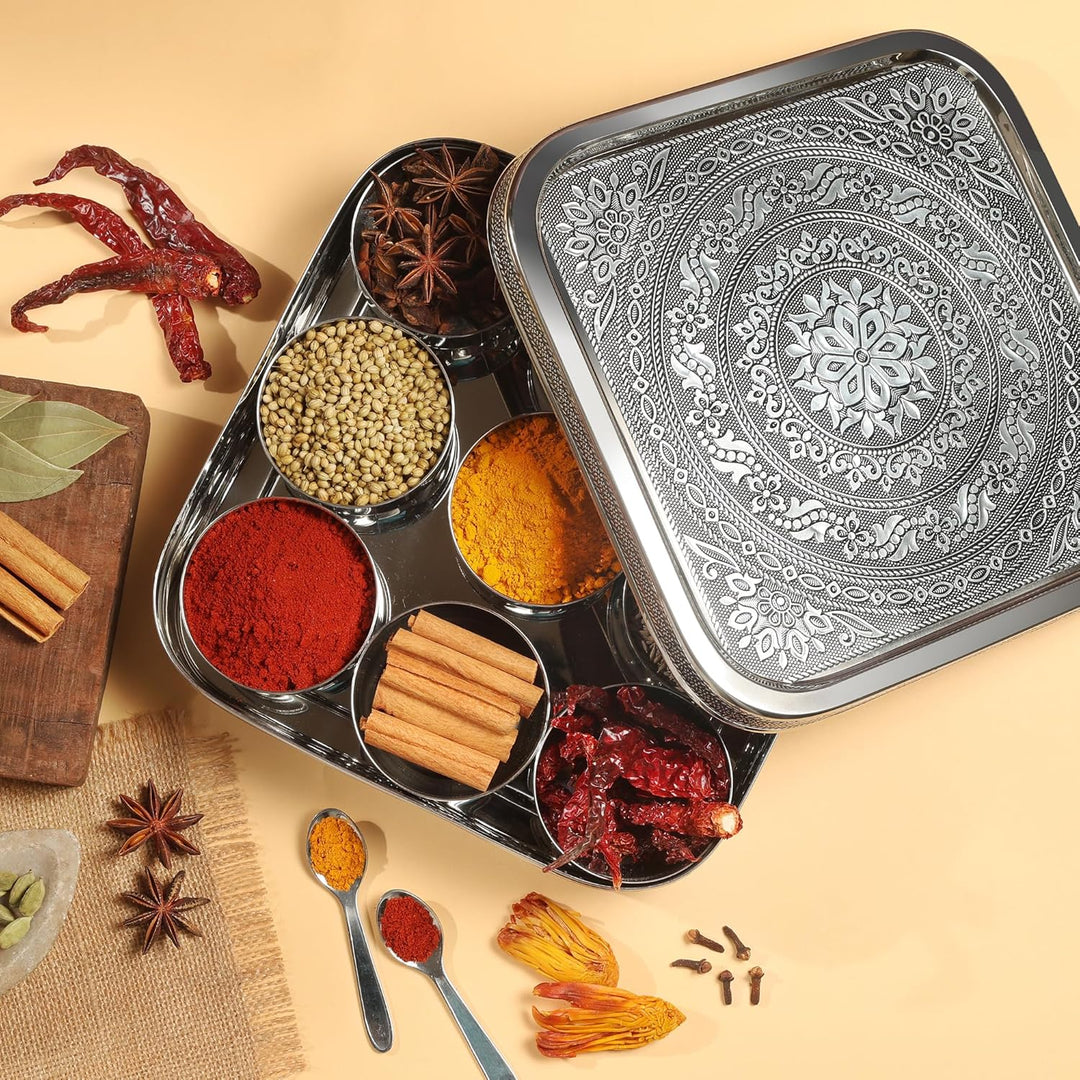 KSJONE Designer-Gewürzdose aus Edelstahl für Masala Dabba, gross, Curry-Gewürzdose, Küchen-Masala-Be
