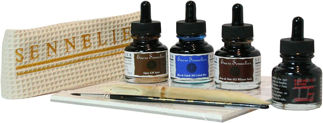 Kalligraphie Set Sennelier mit 4 x Zeichentusche, Feder, Pinsel und Block