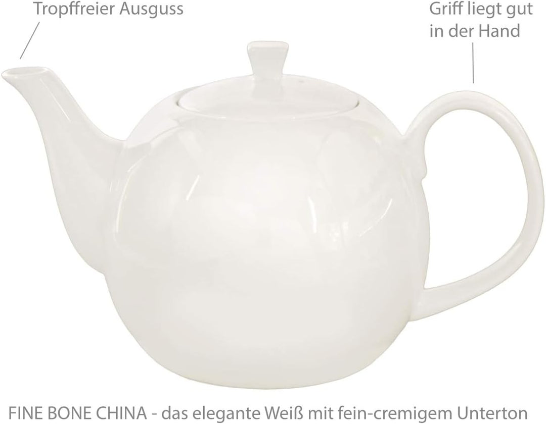 Buchensee Teeservice aus Fine Bone China Porzellan. Teekanne in fein-cremigem Weiss mit 1,5l Füllvol