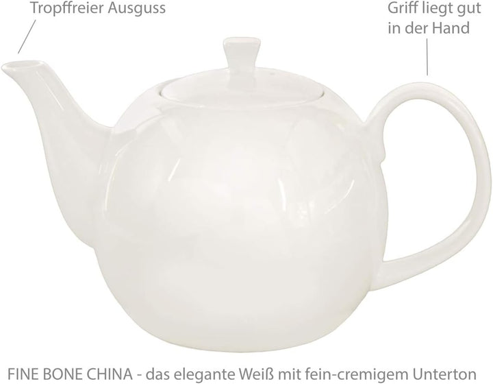 Buchensee Teeservice aus Fine Bone China Porzellan. Teekanne in fein-cremigem Weiss mit 1,5l Füllvol