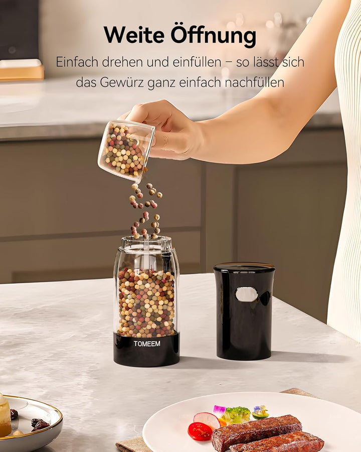 TOMEEM Elektrisches Salz- und Pfeffermühlen-Set – wiederaufladbar mit LED-Betriebsanzeige, 5-stufig