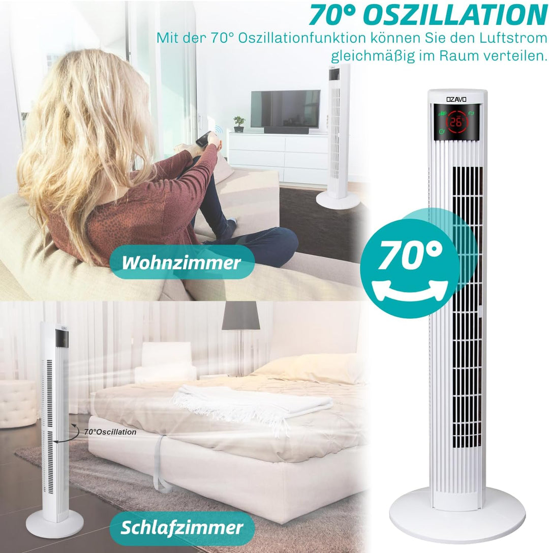 OZAVO Turmventilator mit Fernbedienung | Touchscreen | 3 Stufen | 3 Modi | 12h Timer | 70° Osziliere