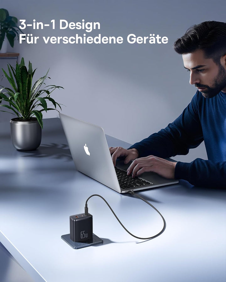 Baseus USB C Ladegerät, 65W USB C Netzteil 3-Port PD Ladegerät mit PPS, GaN Schnellladegerät kompati