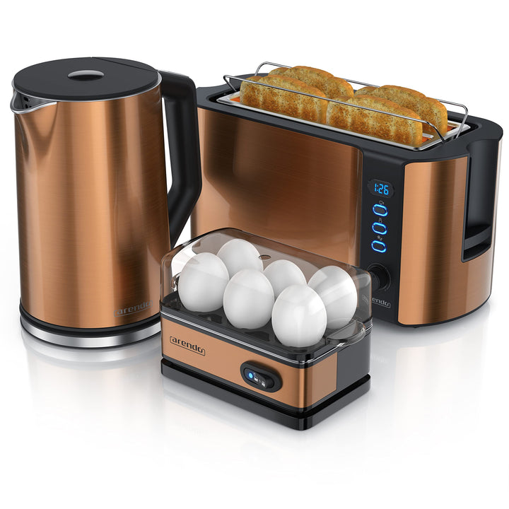 Arendo - Wasserkocher mit Toaster SET und Eierkocher, Edelstahl Kupfer, Wasserkocher 1,5L 40° - 100°