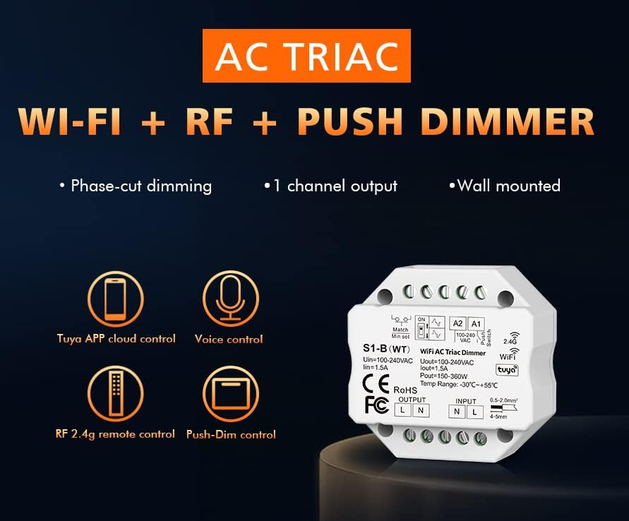 230V Dimmer mit Wifi + Funk + Push-Dim, TRIAC, universell einstellbar für LED mit Phasenan- oder Pha