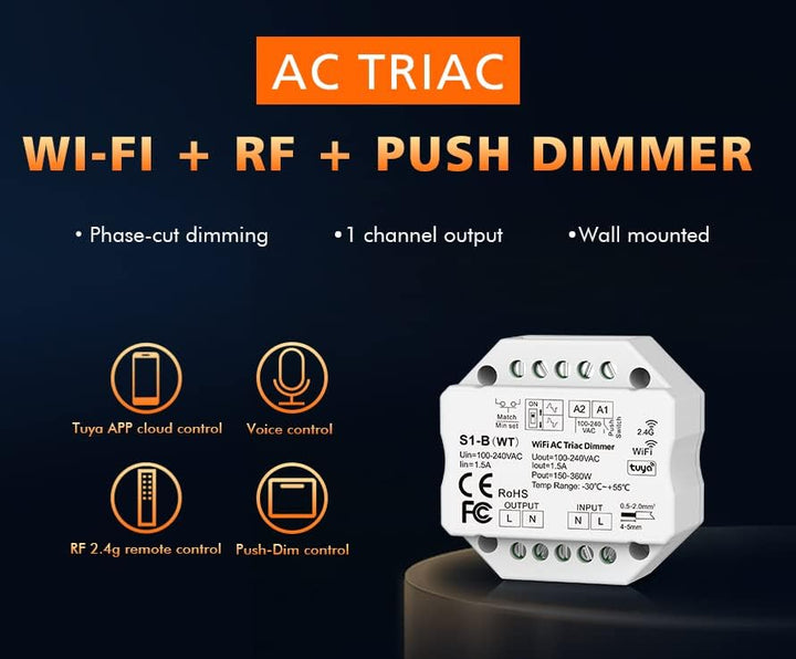 230V Dimmer mit Wifi + Funk + Push-Dim, TRIAC, universell einstellbar für LED mit Phasenan- oder Pha