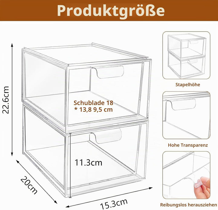 2er Schubladen Organizer – Schreibtisch Organizer – Stapelbare transparente Acryl-Schubladenbox mit