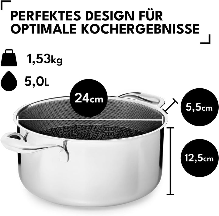 Kochtopf 24 cm, 5l | Beschichteter Topf Induktion | Für Alle Herdarten | Kratzfeste Antihaft-Oberflä