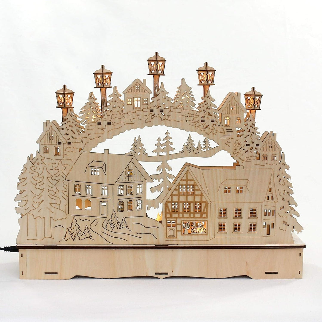 Dekohelden24 LED Holz Schwibbogen mit bewegtem Weihnachtsbaum, Motiv: Weihnachtsmann und Schneekinde