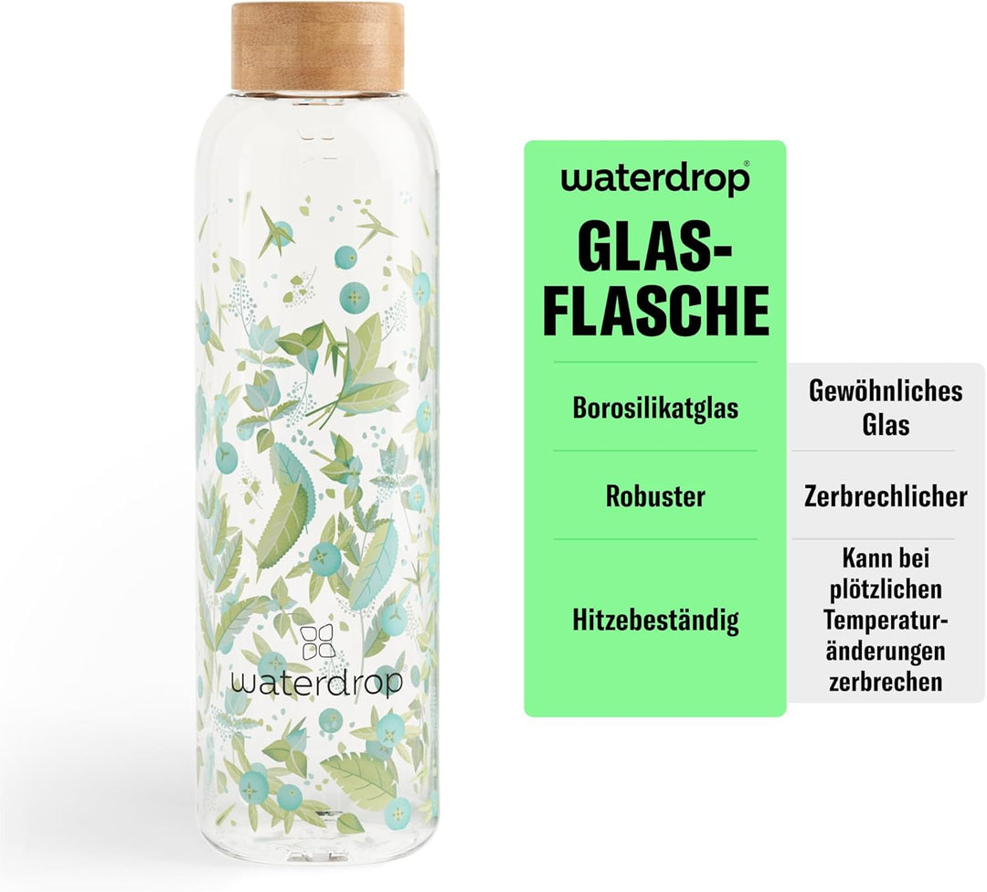 waterdrop® Edition Glass Bottle 600ml Trinkflasche Glas auslaufsicher, Kohlensäure geeignet | BPA fr