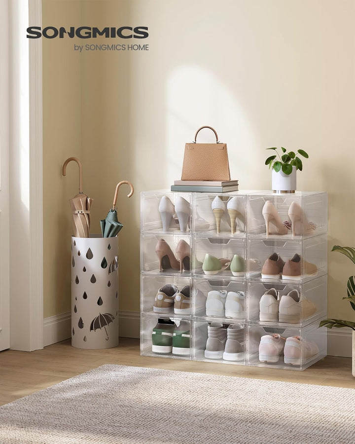 SONGMICS Schuhboxen, Schuh-Organizer aus Kunststoff, mit Tür, durchsichtig, Kunststoffboxen, 12er Se