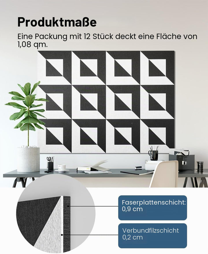 Soundsbay Akustikpaneele 3D Selbstklebend 12 Stück Schwarz-Weiss 30x30x0.9cm | Dekorative aus Filz,