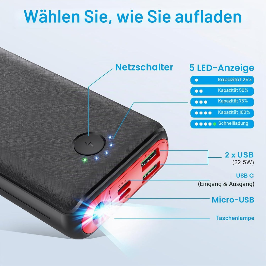 JIGA Powerbank 30000mAh Externer Akku Tragbares Ladegerät USB C Power Bank mit Taschenlampe, 3 Eingä