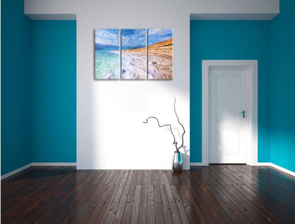 Pixxprint Das Tote Meer bei Tag Pinsel Effekt 3-Teiler Leinwandbild 120x80 Bild auf Leinwand