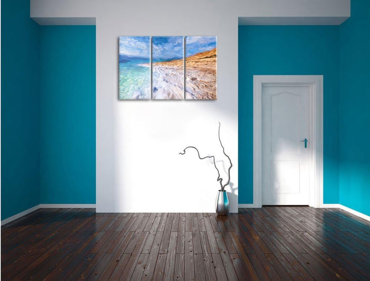 Pixxprint Das Tote Meer bei Tag Pinsel Effekt 3-Teiler Leinwandbild 120x80 Bild auf Leinwand