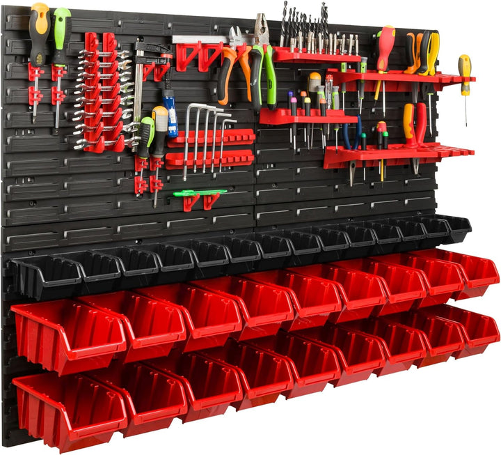 Lagersystem Werkstattregal | 115 x 78 cm | 32 stck. Box | Wandregal mit Werkzeughalterungen und Stap