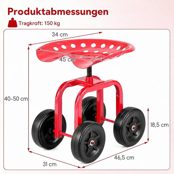 GYMAX Gartenhocker mit Rollen, bis 150kg Belastbar, Rot, Rot