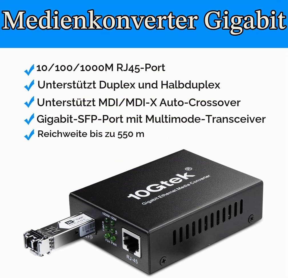H!Fiber.com 2 Stück, Gigabit Ethernet Medienkonverter, 1.25G SFP zu RJ45 Glasfaser zu Kupfer, mit ei