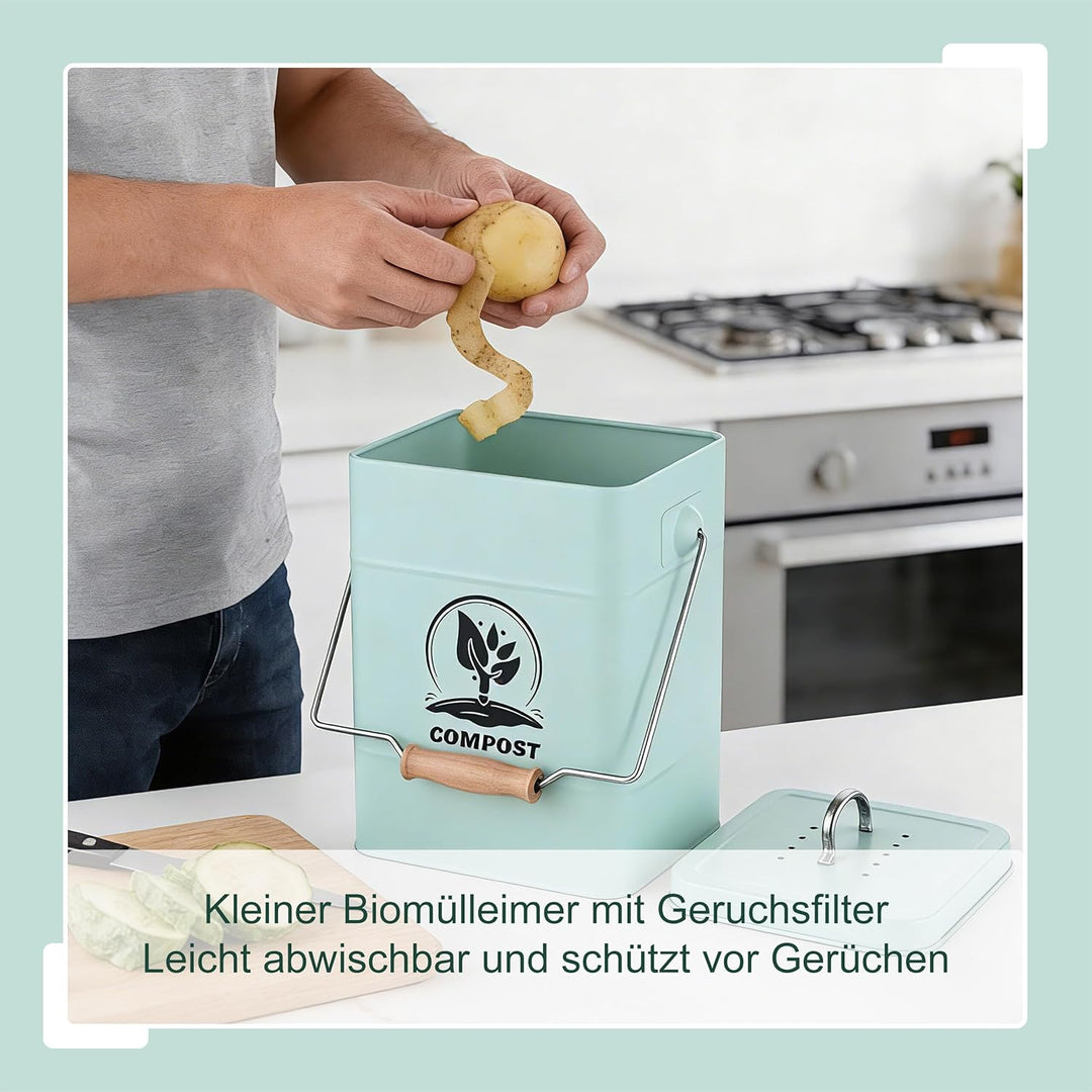 Relaxdays Komposteimer Küche, 6 l, Kleiner Mülleimer, Deckel und Geruchsfilter, Metall, Abfalleimer