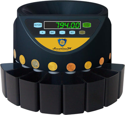 Münzzähler Geldzählmaschine Euro Münzen SR1200 von Securina24® (Schwarz - Goldlabel - BGB)