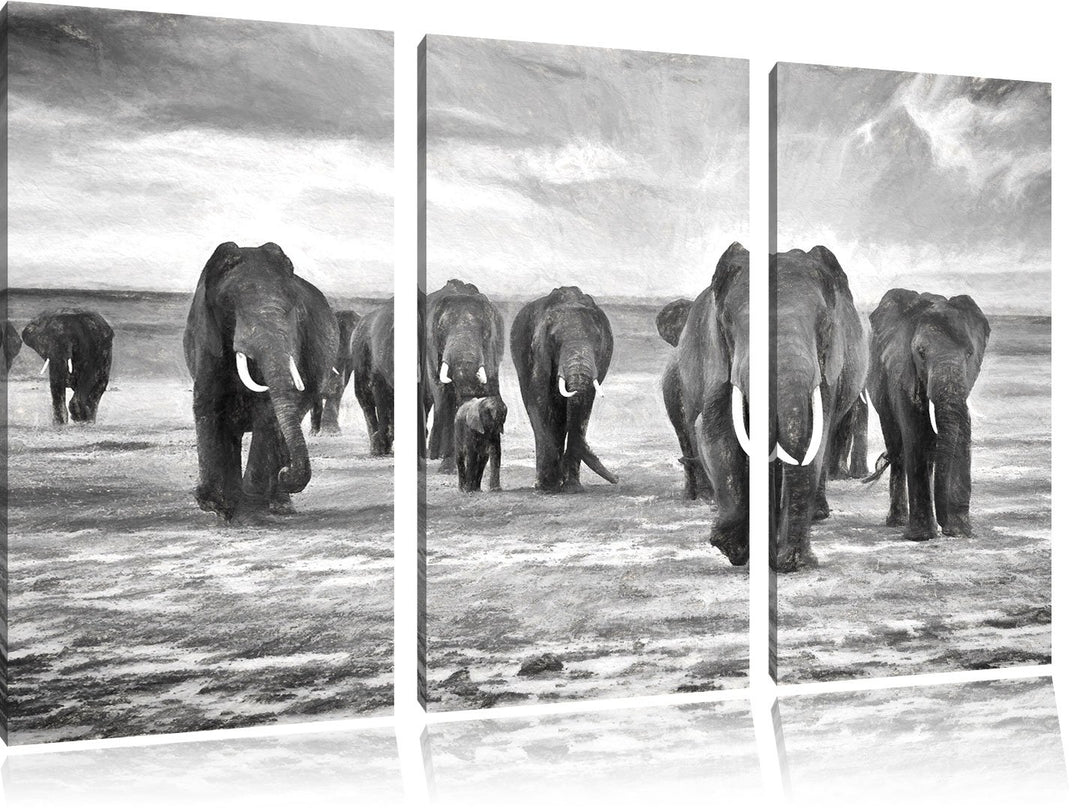 Pixxprint Elefanten Familie in der Savanne Kunst Kohle Effekt 3-Teiler Leinwandbild 120x80 Bild auf