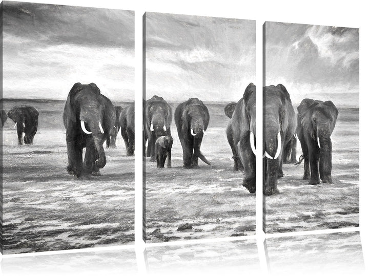 Pixxprint Elefanten Familie in der Savanne Kunst Kohle Effekt 3-Teiler Leinwandbild 120x80 Bild auf
