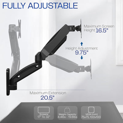 VIVO MOUNT-V001G Höhenverstellbare, pneumatische, verlängerte Arm, Einzel-Monitorwandhalterung, voll
