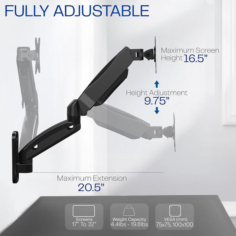 VIVO MOUNT-V001G Höhenverstellbare, pneumatische, verlängerte Arm, Einzel-Monitorwandhalterung, voll