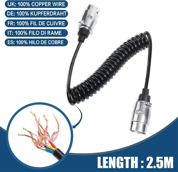 Anhänger Spiralkabel 7 Polig 2,5 Meter, 12V Anhänger Aluminiumlegierung Stecker Verlängerungskabel 7