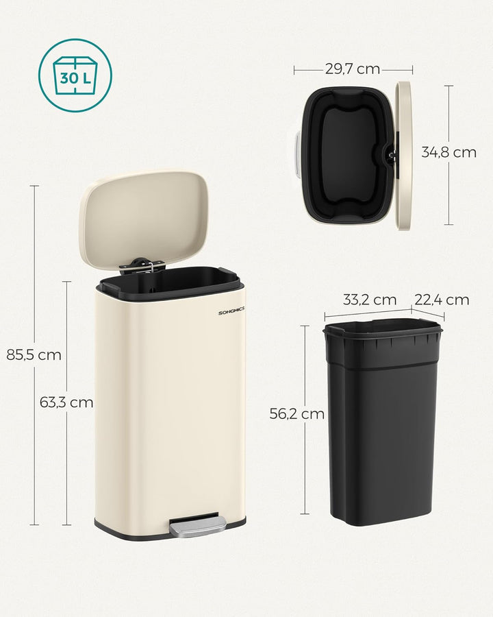 SONGMICS Mülleimer Küche, 30 Liter, Abfalleimer, Tretmülleimer, Küchenmülleimer mit Softclose-Deckel