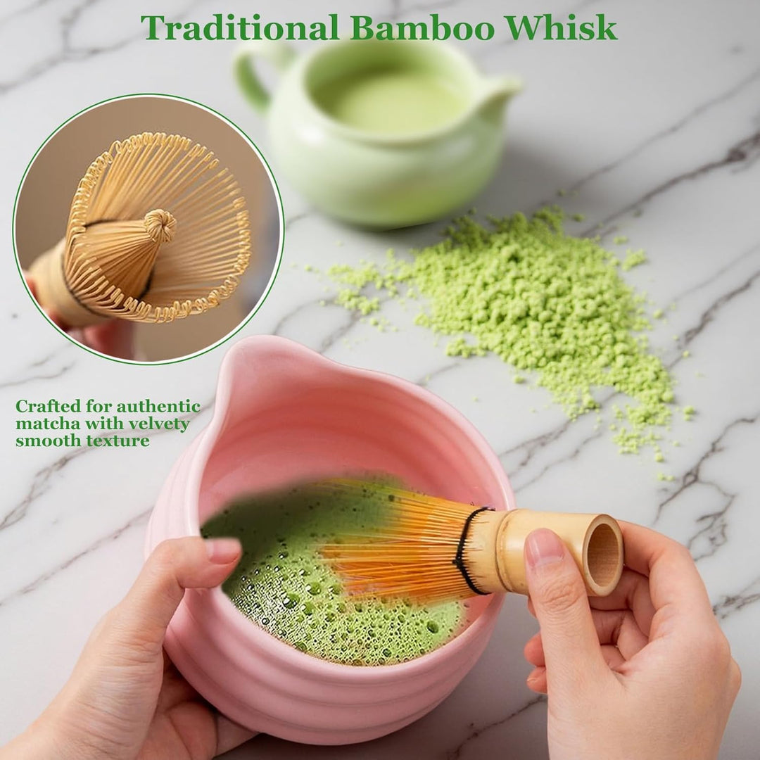 Matcha-Set, 9-teilig, rosa Matcha-Set mit Bambus-Matcha-Schneebesen, Keramikschale, Tasse, Halter, S
