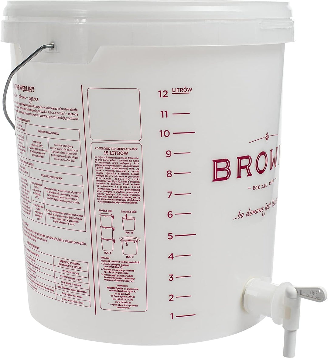 Browin 340416 Weisser Gärbehälter 15 L, mit rotierendem Abflusshahn und Deckel - Skala, zur Gärung v