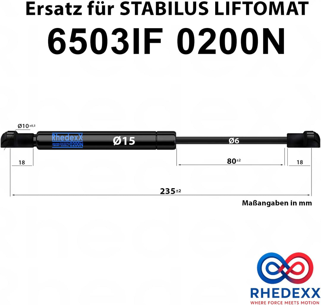 Gasdruckfeder Ersatz für Stabilus Lift-O-Mat 6503IF 0200N RhedexX® Gasdruckdämpfer mit M6 Kugelpfann