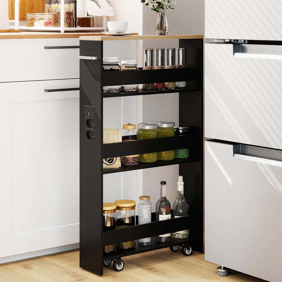 COSTWAY Nischenwagen 13cm breit, 4 Etagen Küchenwagen schmal mit Ladestation, Nischenregal auf Rolle