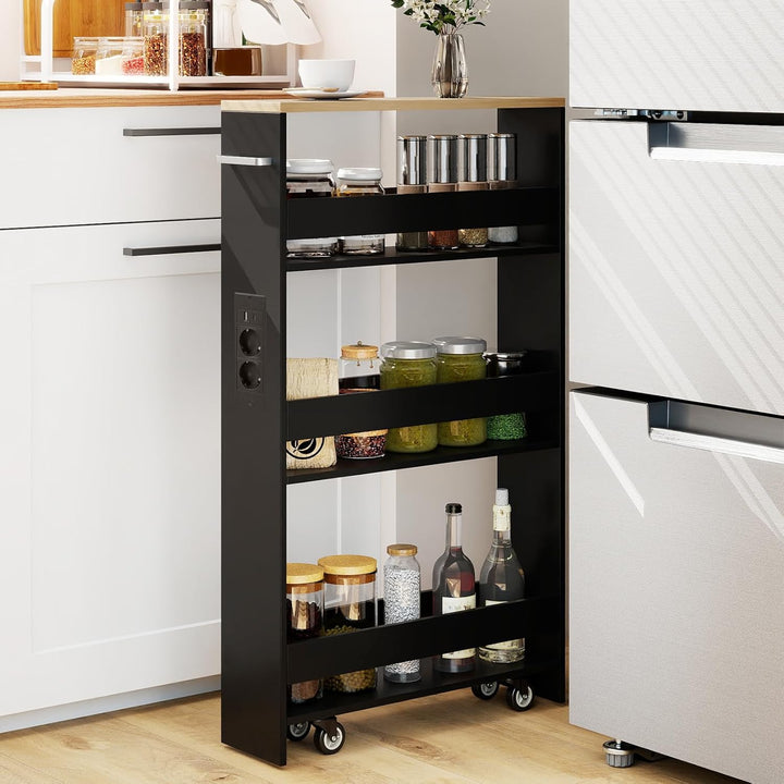 COSTWAY Nischenwagen 13cm breit, 4 Etagen Küchenwagen schmal mit Ladestation, Nischenregal auf Rolle