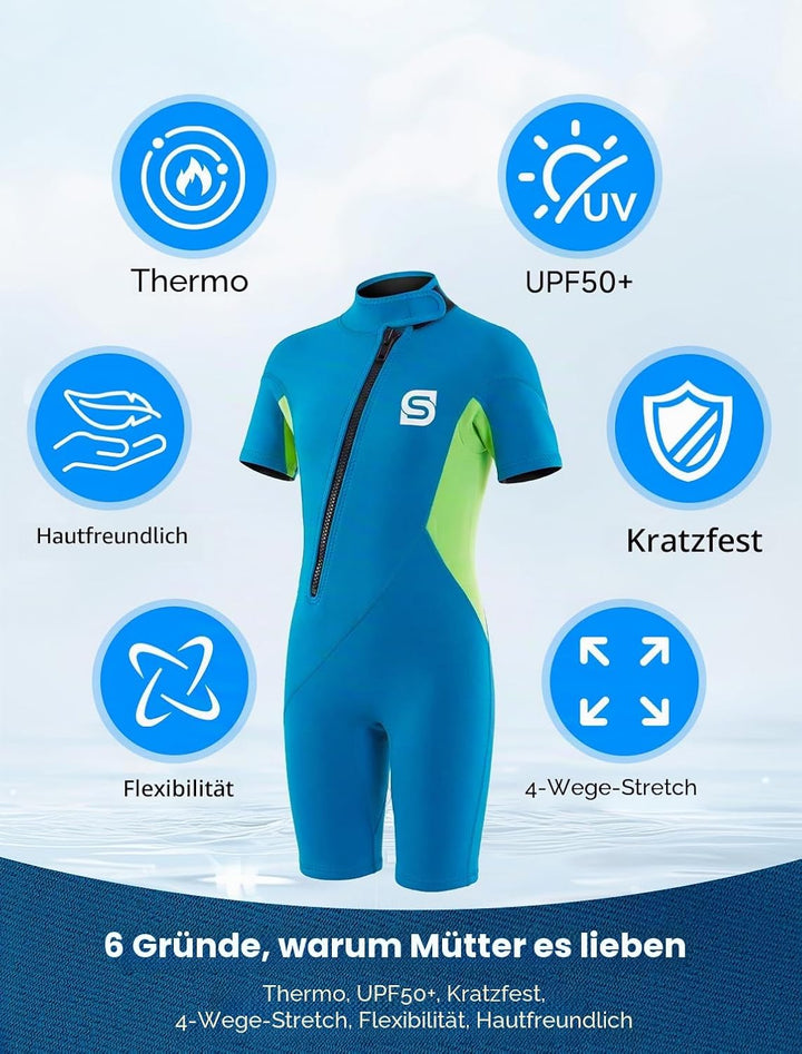 Neoprenanzug Kinder，2MM Neopren Shorty Wärmender Badeanzüge für Mädchen Jungen Thermal Taucheranzug