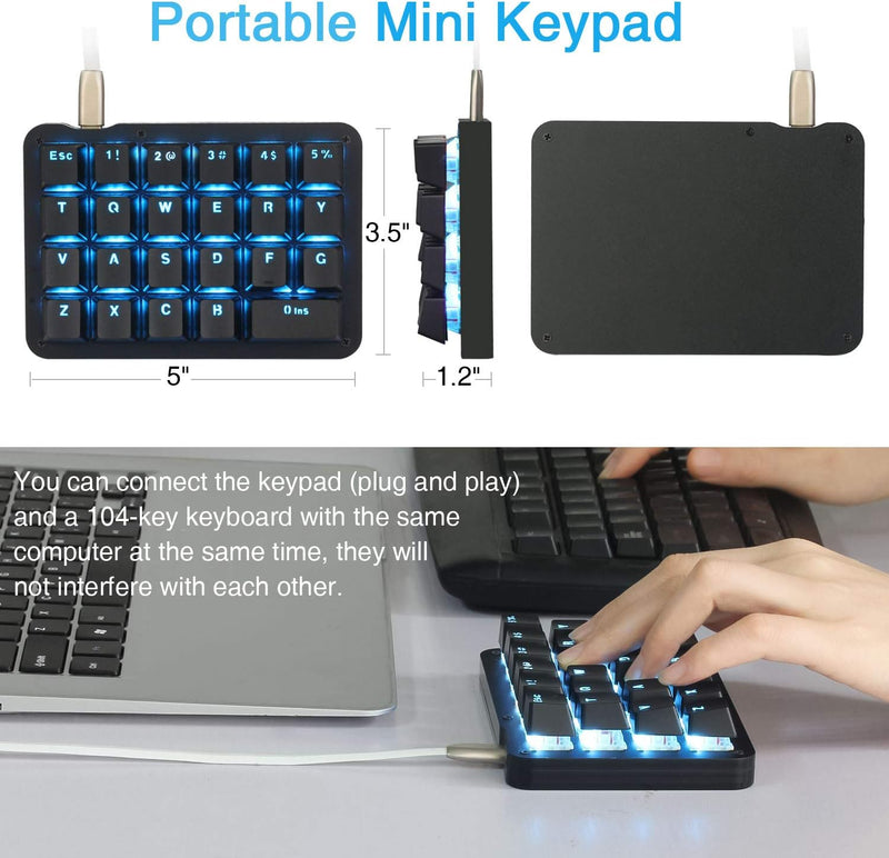 Koolertron Einhand Mini Tastatur, Mechanische Gaming Tastatur mit 23 Voll Programmierbaren Tasten, G