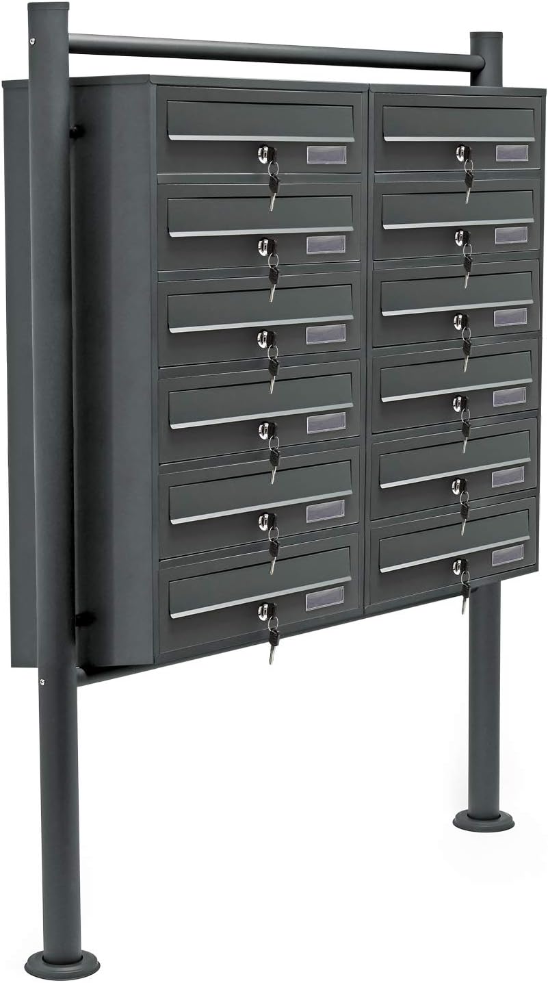 Wiltec 12er Briefkastenanlage Anthrazit 898 x 270 x 1500 mm, Standbriefkasten mit 2x6 Fächern, Schlü