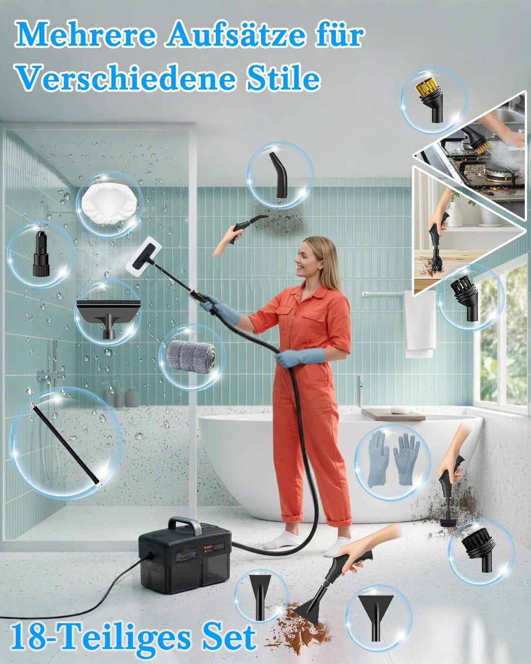 Dampfreiniger Handgerät für Alles - 2500W 6-Stufig Einstellbar, 1,6L Wassertank, 120 °C Dampf, 15s A