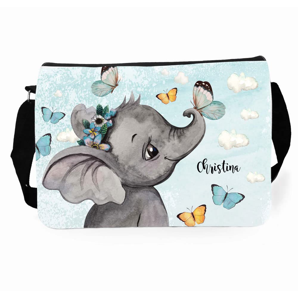 Schultertasche Schultasche Tasche Umhängetasche Federtasche Federmappe Elefant Schmetterlinge Wunsch