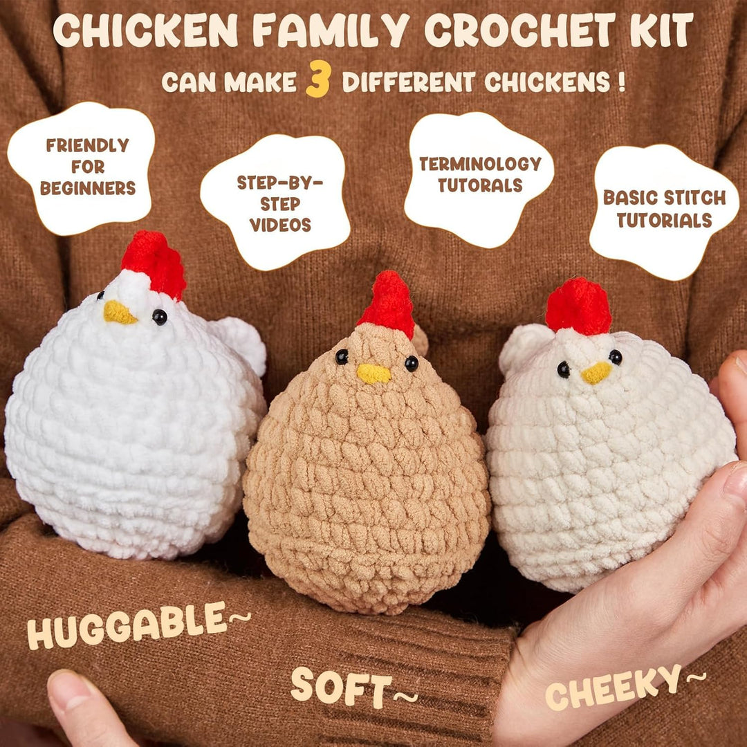 Xanewza Häkelnadel-Set für Anfänger, Starter-Set mit Videokurs, 3 Pcs Huhn Tiere Häkeln Kits mit Anl