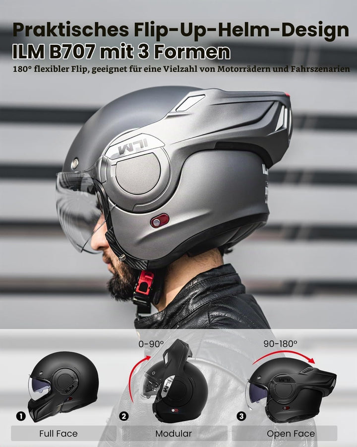 ILM Motorradhelm Integralhelm Klapphelm Fullface Helm Herren Damen ATV UTV mit 180° Umkehrbarer Kinn